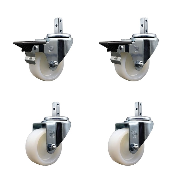 3'' Nylon Wheel Swivel 7/8'' Square Stem Caster Set 2 Brakes, 4PK